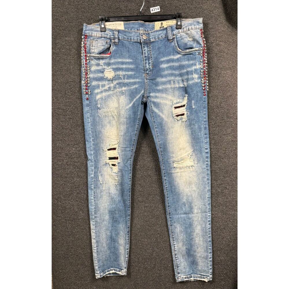 Industrial Indigo Masonry Denim Jeans Men W42 L34 Blue Distressed Vintage Retro